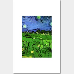 GREEN AND PURPLE VAN GOGH STYLE MUSHROOMS Posters and Art